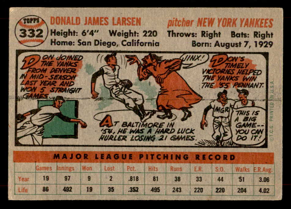 1956 Topps Baseball #332 Don Larsen Yankees VG-EX 551729