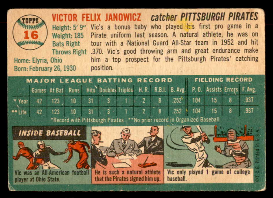 1954 Topps Baseball #016 Vic Janowicz Pirates VG-EX 551782