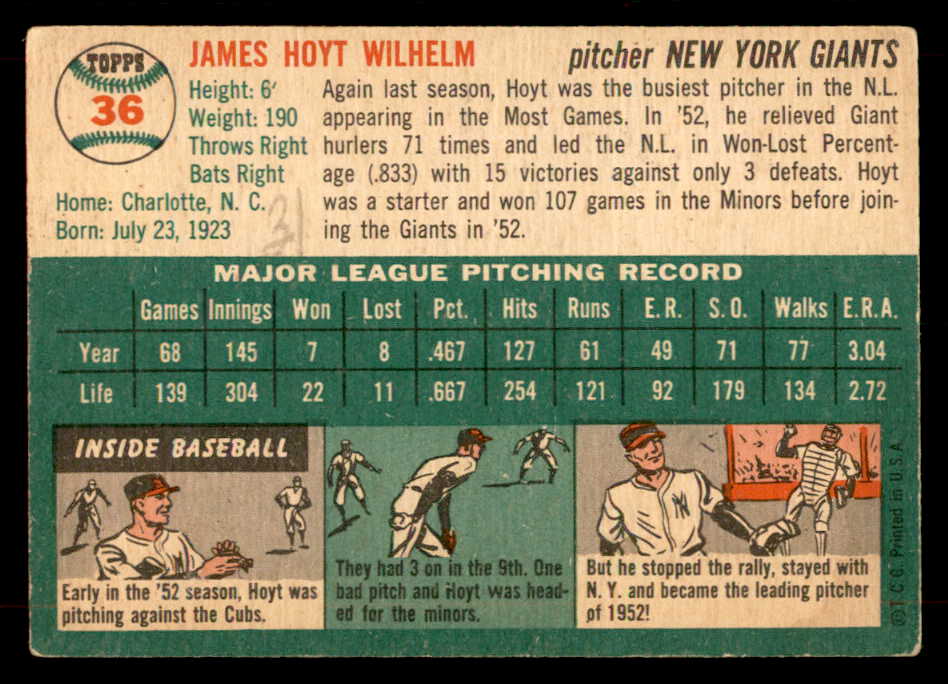 1954 Topps Baseball #036 Hoyt Wilhelm Giants VG-EX 551784