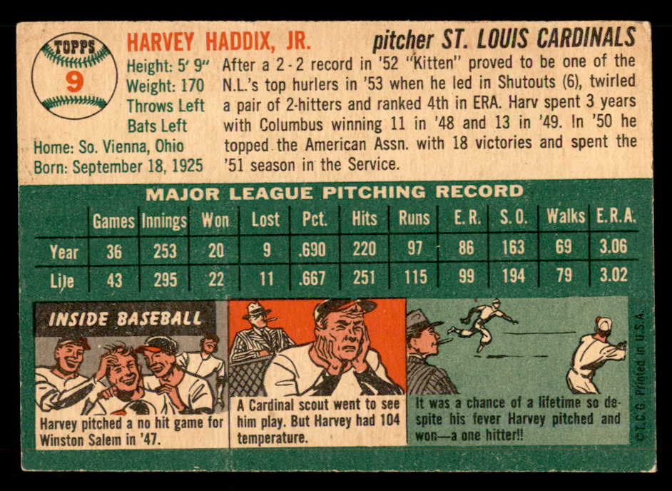 1954 Topps Baseball #009 Harvey Haddix Cardinals EX-MT 551791