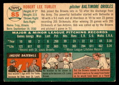 1954 Topps Baseball #085 Bob Turley Orioles EX+/EX-MT 551792