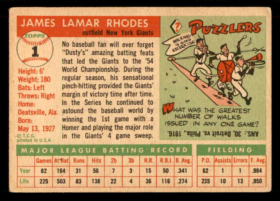 1955 Topps Baseball #001 Dusty Rhodes Giants VG-EX 551797