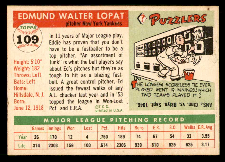 1955 Topps Baseball #109 Eddie Lopat Yankees EX-MT 551801