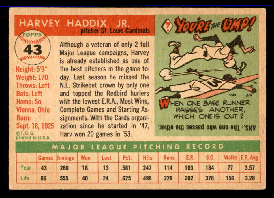 1955 Topps Baseball #043 Harvey Haddix Cardinals EX+/EX-MT 551807