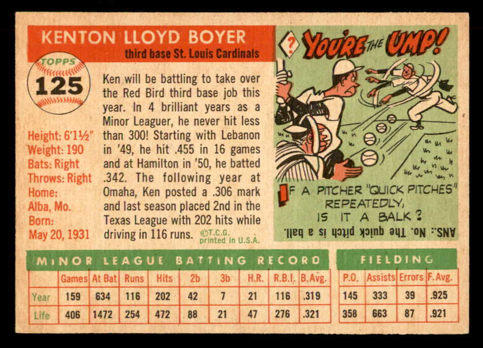 1955 Topps Baseball #125 Ken Boyer Cardinals EX-MT 551810
