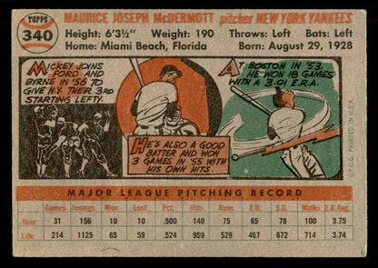 1956 Topps Baseball #340 Mickey McDermott Yankees EX+/EX-MT 551814