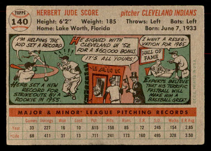 1956 Topps Baseball #140 Herb Score Indians EX+/EX-MT Gray 551817