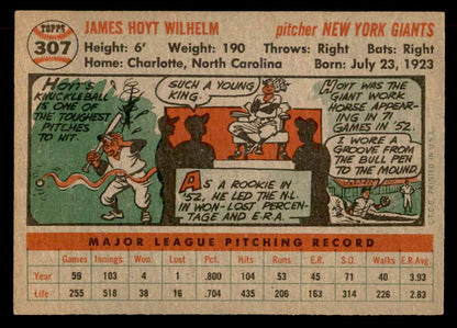 1956 Topps Baseball #307 Hoyt Wilhelm Giants EX-MT 551820