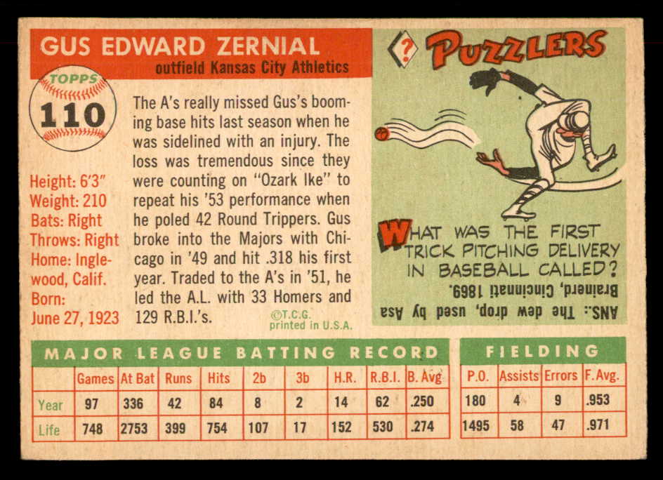 1955 Topps Baseball #110 Gus Zernial A's VG-EX 551823