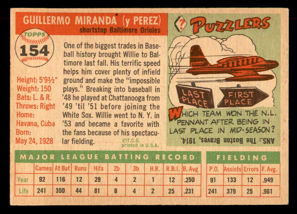 1955 Topps Baseball #154 Willie Miranda Orioles EX-MT 551829