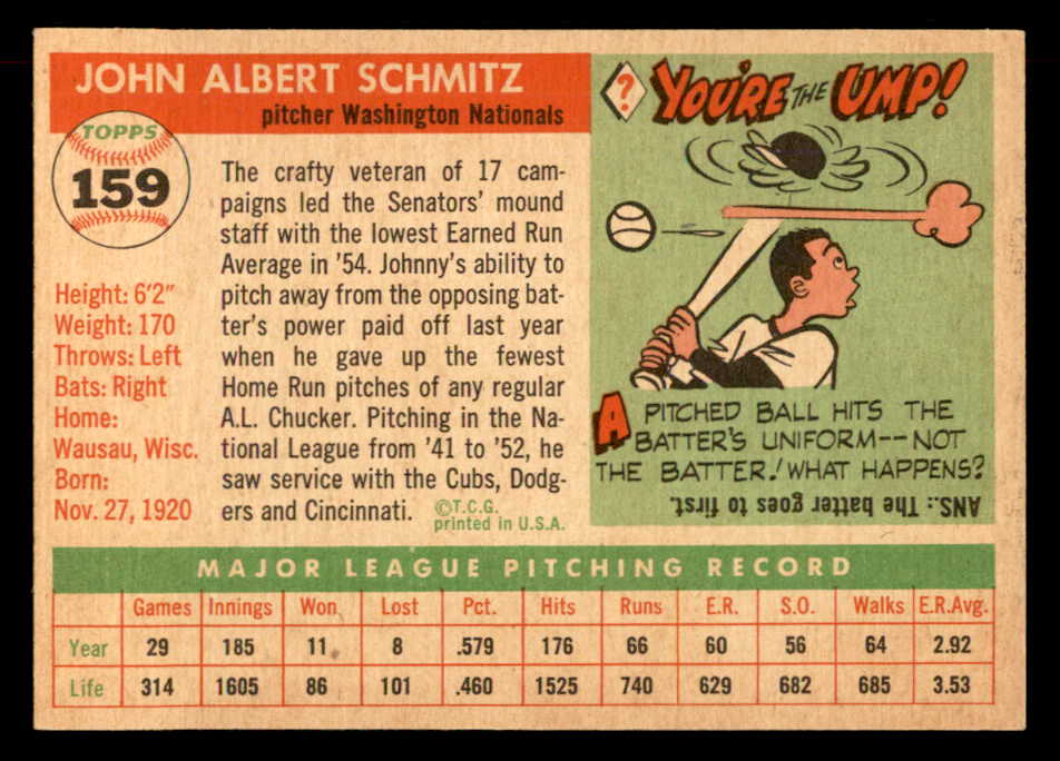 1955 Topps Baseball #159 Johnny Schmitz Senators EX-MT 551832
