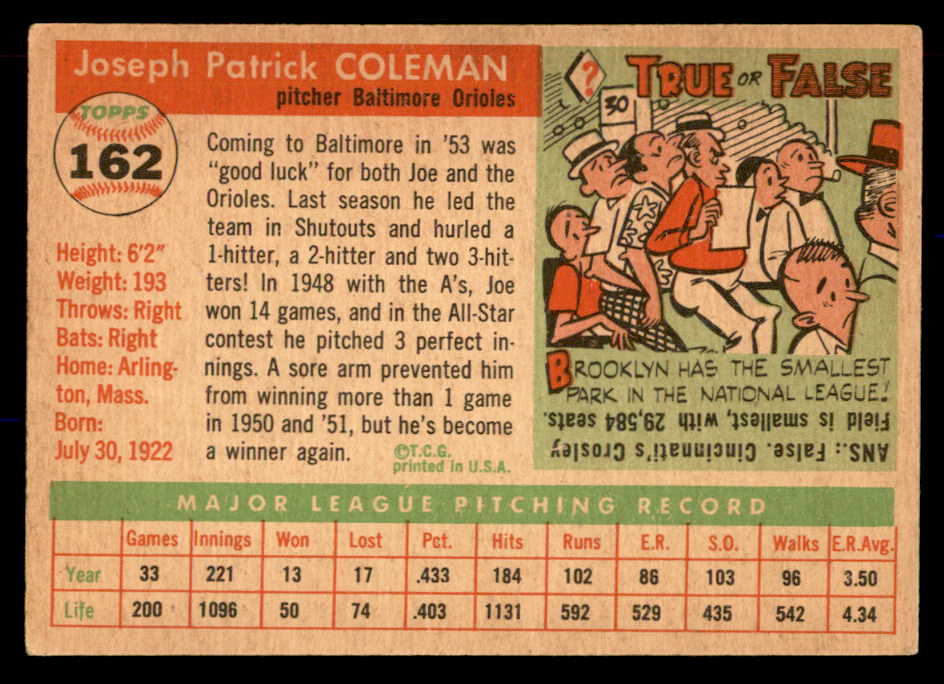 1955 Topps Baseball #162 Joe Coleman Orioles EX 551835