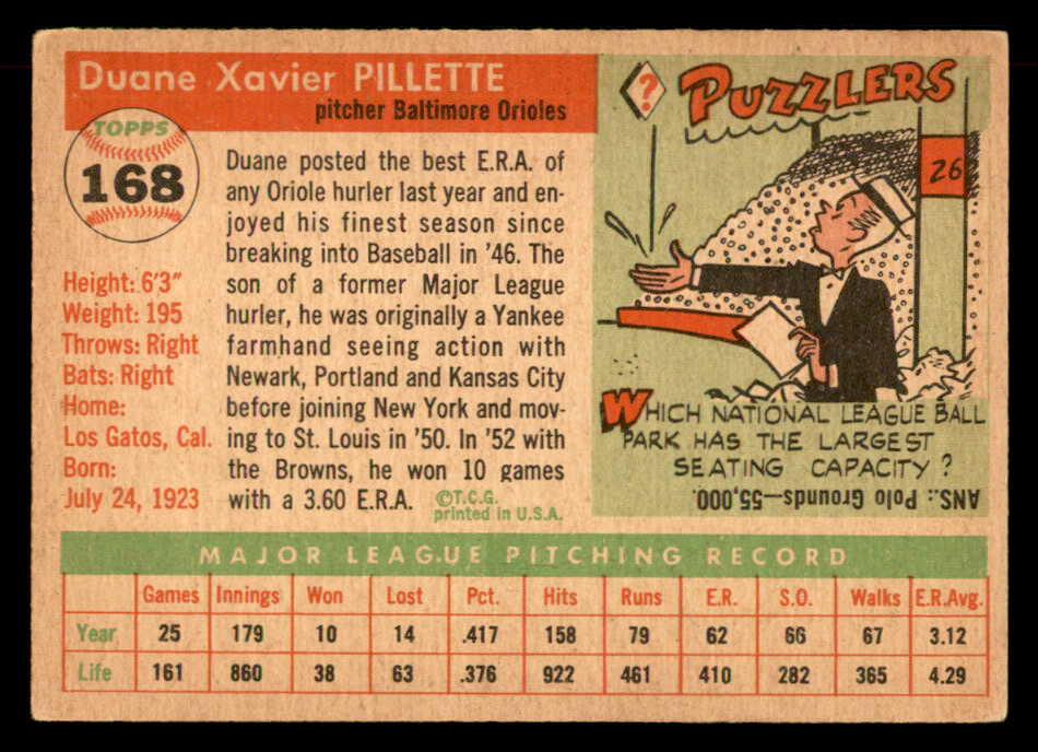 1955 Topps Baseball #168 Duane Pillette Orioles EX 551838