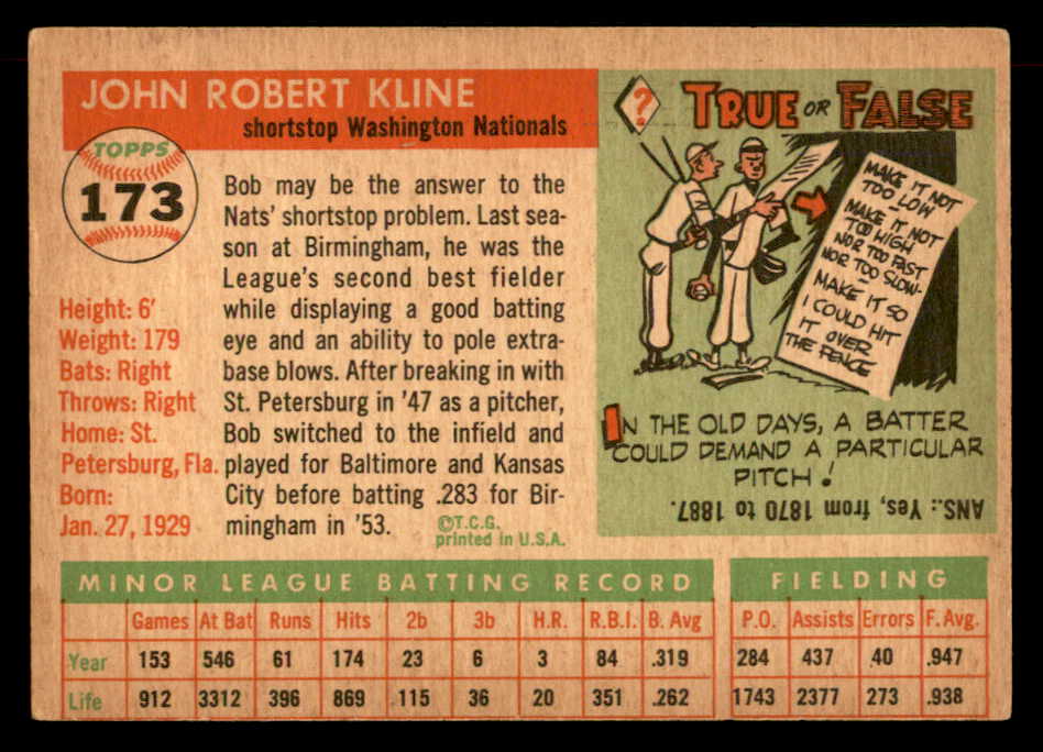 1955 Topps Baseball #173 Bob Kline Senators VG-EX 551843