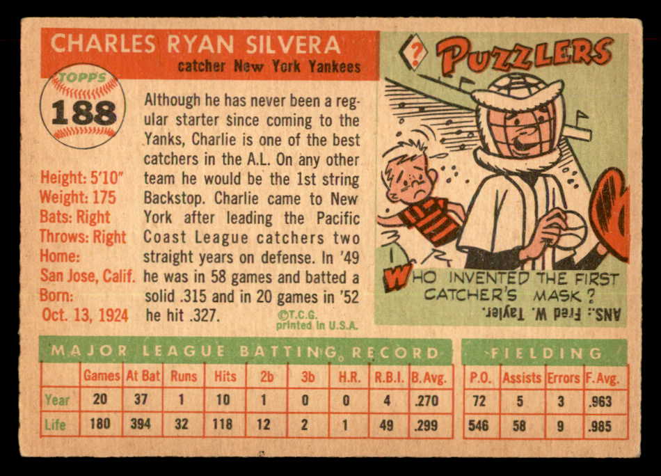 1955 Topps Baseball #188 Charlie Silvera Yankees EX+/EX-MT 551860