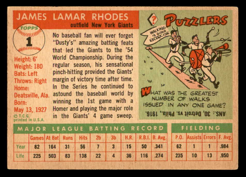 1955 Topps Baseball #001 Dusty Rhodes Giants EX 551873