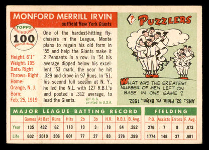 1955 Topps Baseball #100 Monte Irvin Giants EX 551875