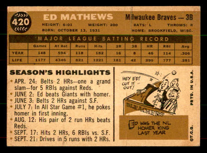 1960 Topps Baseball #420 Eddie Mathews Braves EX-MT 551890
