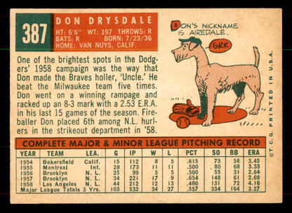 1959 Topps Baseball #387 Don Drysdale Dodgers EX 551908