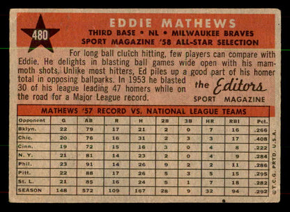 1958 Topps Baseball #480 Eddie Mathews A.S. Braves VG-EX 551918