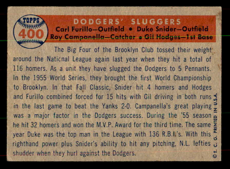 1957 Topps Baseball #400 Roy Campanella Duke Snider Gil Hodges EX+/EX-MT 551921