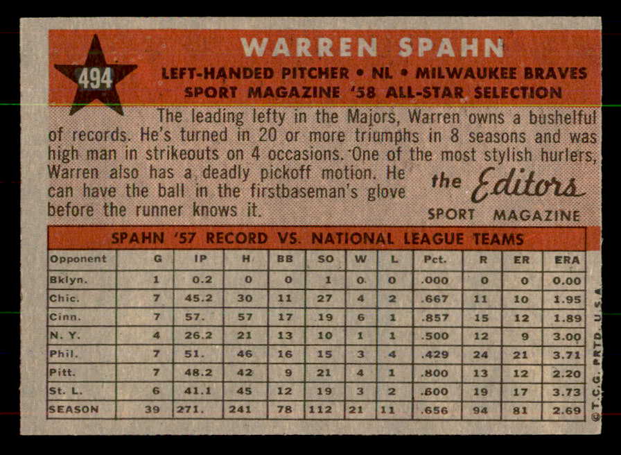 1958 Topps Baseball #494 Warren Spahn A.S. Braves NR-MT 551925
