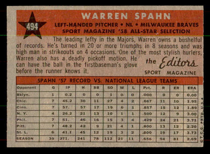 1958 Topps Baseball #494 Warren Spahn A.S. Braves NR-MT 551925