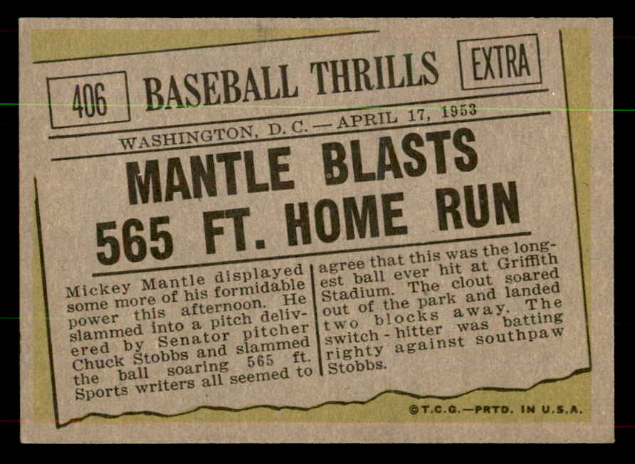 1961 Topps Baseball #406 Mickey Mantle IA Yankees EX+/EX-MT 551937