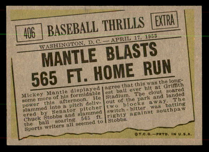 1961 Topps Baseball #406 Mickey Mantle IA Yankees EX+/EX-MT 551937