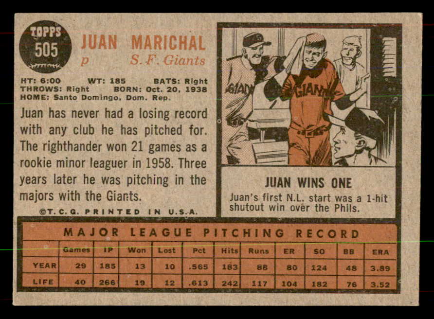 1962 Topps Baseball #505 Juan Marichal Giants EX-MT 551942