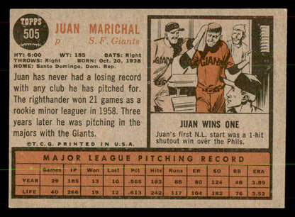1962 Topps Baseball #505 Juan Marichal Giants EX-MT 551942