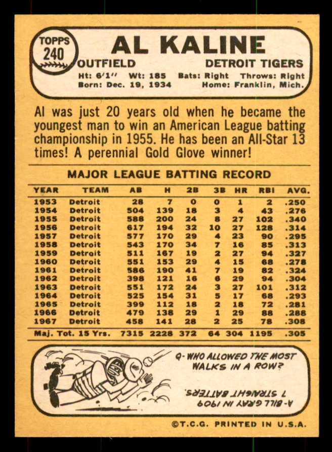 1968 Topps Baseball #240 Al Kaline Tigers NR-MT 551947