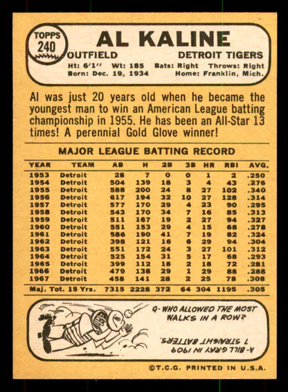 1968 Topps Baseball #240 Al Kaline Tigers NR-MT 551947