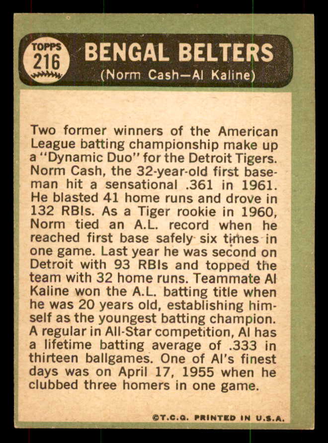 1967 Topps Baseball #216 Al Kaline Norm Cash EX 551948