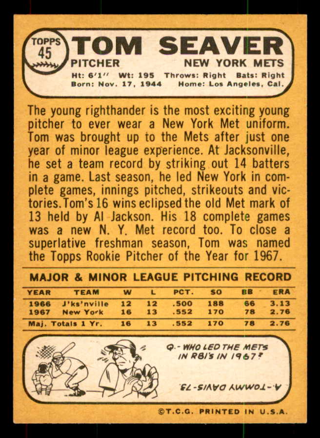 1968 Topps Baseball #045 Tom Seaver Mets NR-MT 551957