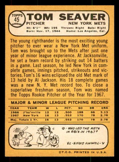 1968 Topps Baseball #045 Tom Seaver Mets NR-MT 551957