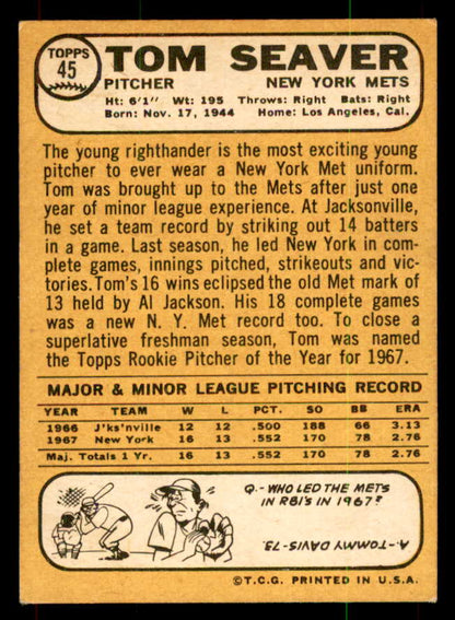 1968 Topps Baseball #045 Tom Seaver Mets NR-MT 551958