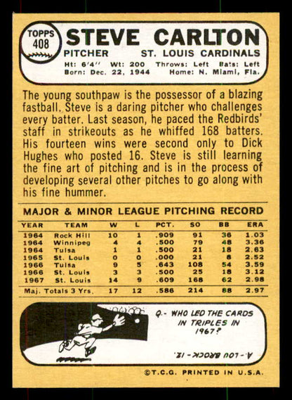 1968 Topps Baseball #408 Steve Carlton Cardinals NR-MT 551963