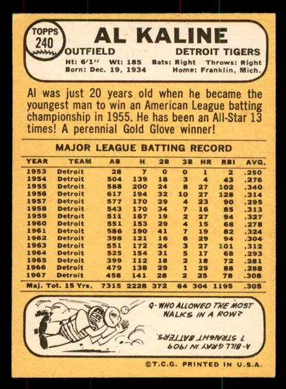 1968 Topps Baseball #240 Al Kaline Tigers NR-MT 551965