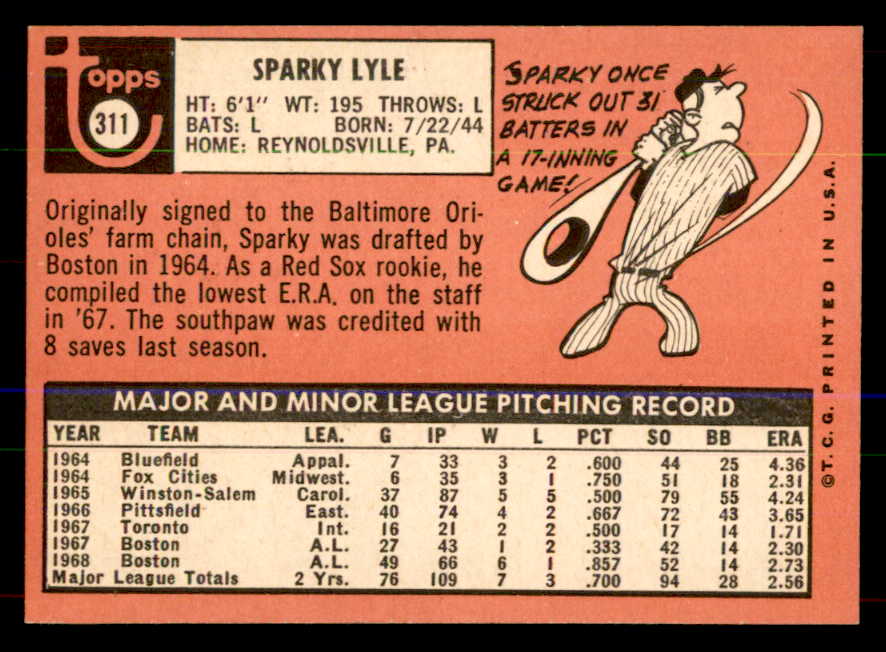 1969 Topps Baseball #311 Sparky Lyle Red Sox NR-MT 551988