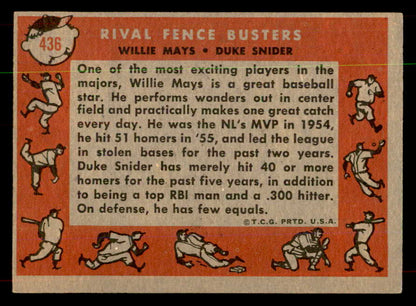 1958 Topps Baseball #436 Willie Mays Duke Snider EX 552044