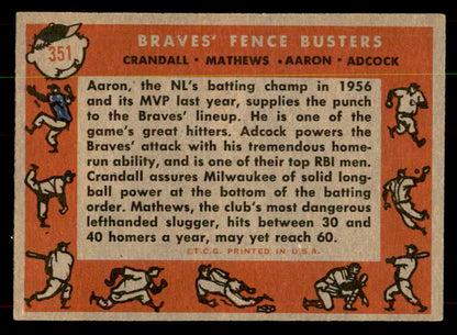 1958 Topps Baseball #351 Hank Aaron Eddie Mathews EX-MT 552047