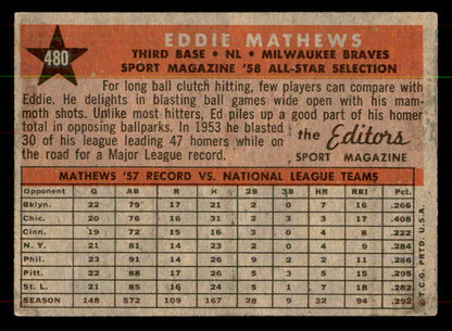 1958 Topps Baseball #480 Eddie Mathews A.S. Braves VG-EX 552053