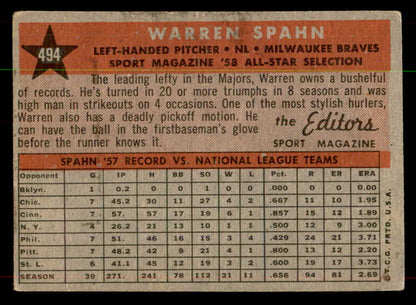 1958 Topps Baseball #494 Warren Spahn A.S. Braves VG-EX 552055