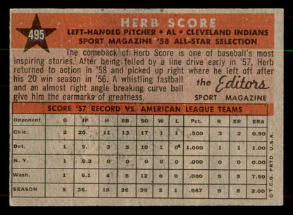 1958 Topps Baseball #495 Herb Score A.S. Indians NR-MT 552057