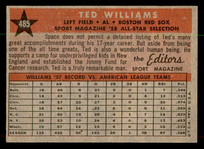 1958 Topps Baseball #485 Ted Williams A.S. Red Sox NR-MT 552058
