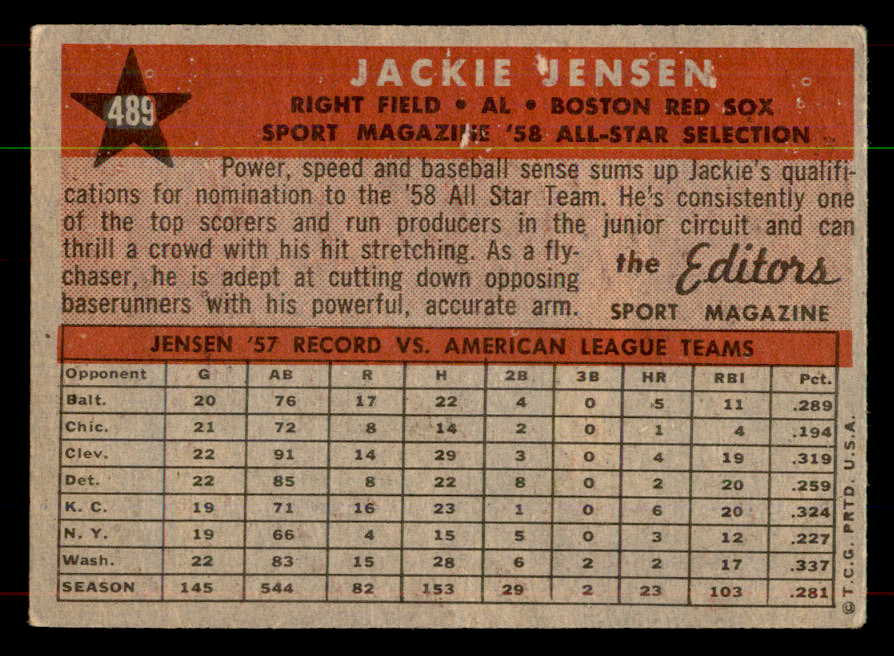 1958 Topps Baseball #489 Jackie Jensen A.S. Red Sox VG 552106