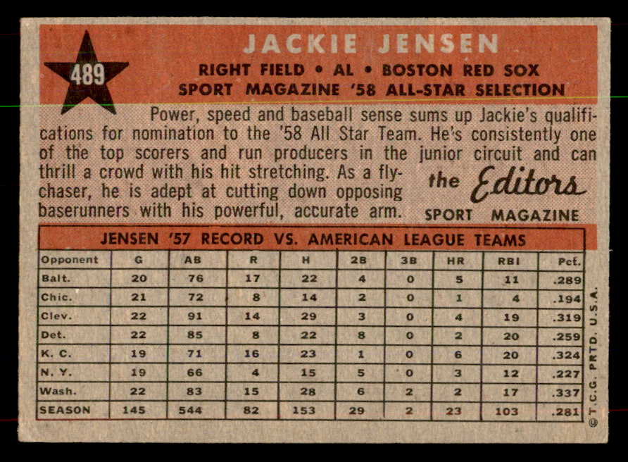 1958 Topps Baseball #489 Jackie Jensen A.S. Red Sox EX 552107