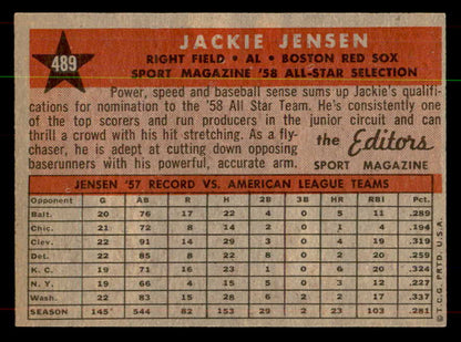 1958 Topps Baseball #489 Jackie Jensen A.S. Red Sox EX-MT 552111
