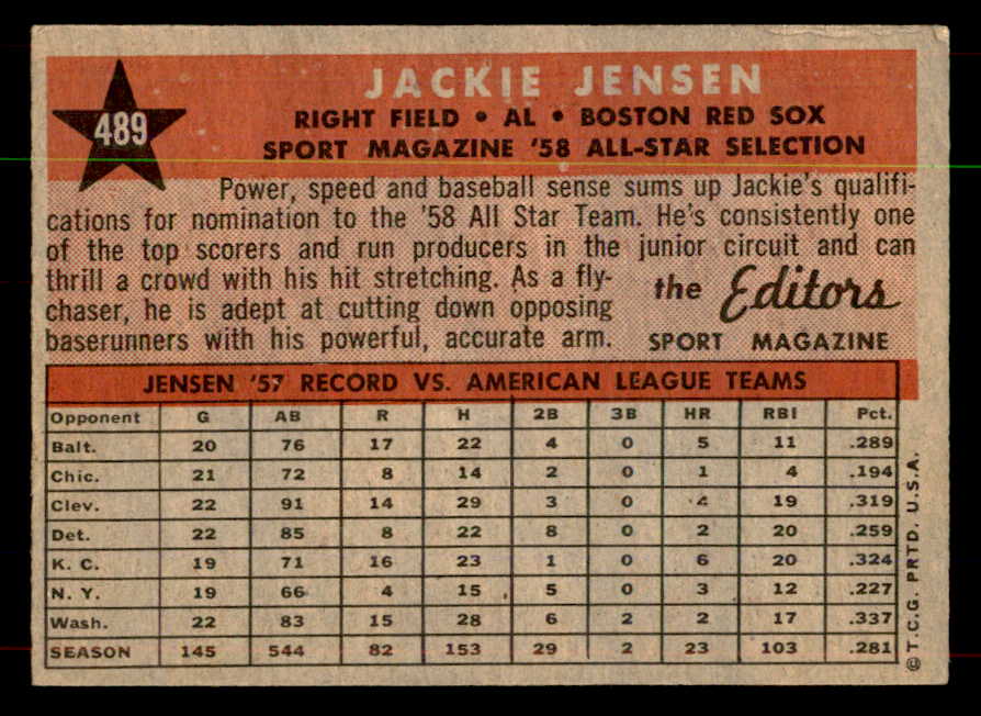 1958 Topps Baseball #489 Jackie Jensen A.S. Red Sox EX-MT 552112